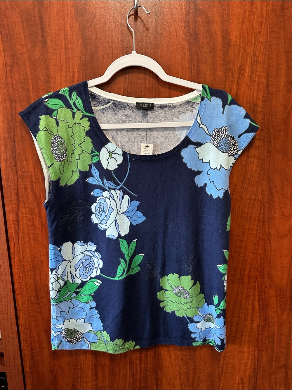 Talbots Navy Floral Cap Sleeve Tee with Blue and Green Blooms cotton and rayon